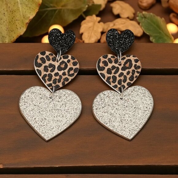 Chic Leopard Print Triple Heart Dangle Earrings Cute Trendy Glitter & Glam! ✨ - Picture 8 of 11